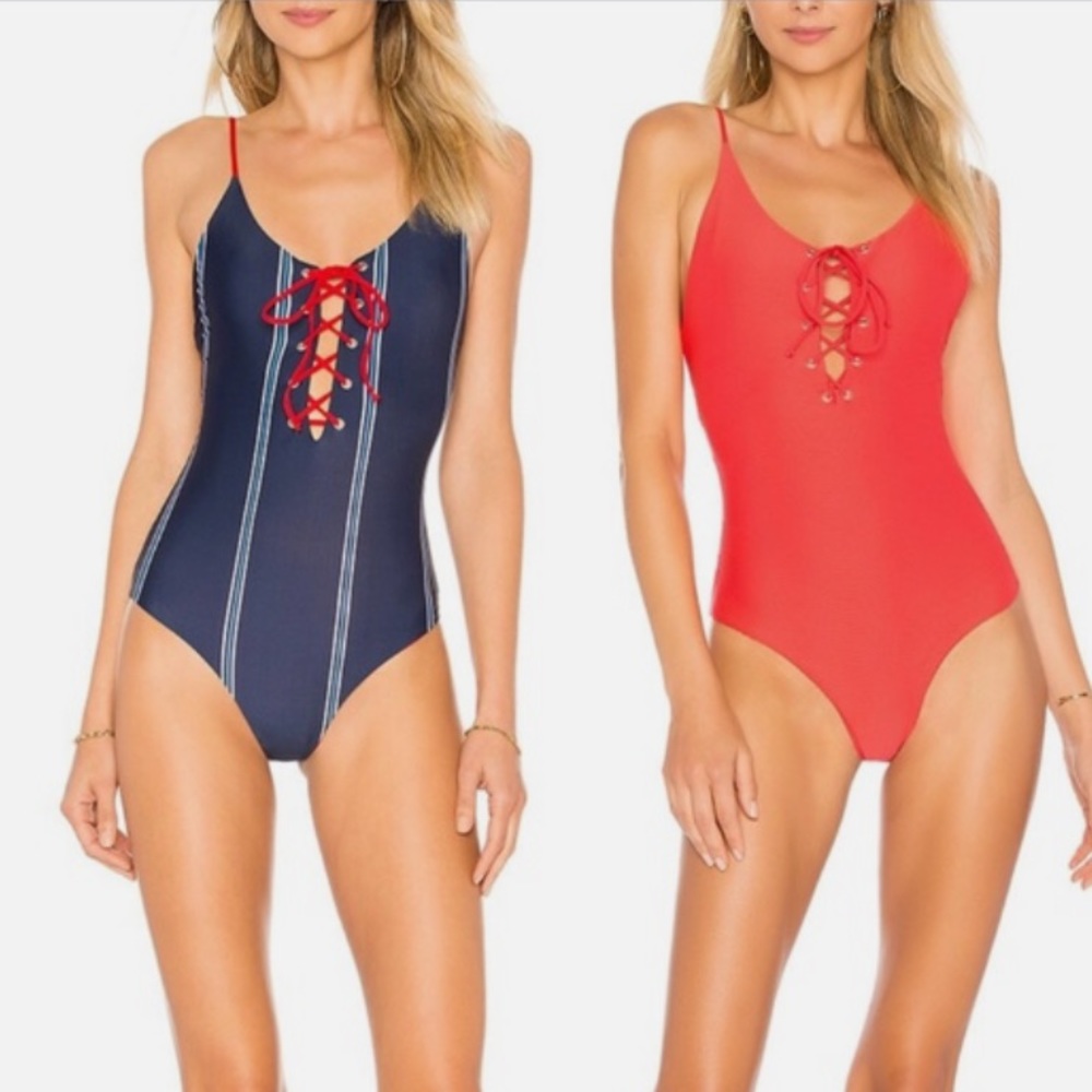 NWT TAVIK [ L} Monahan Lace Up Striped One Piece Swimsuit Blue Red